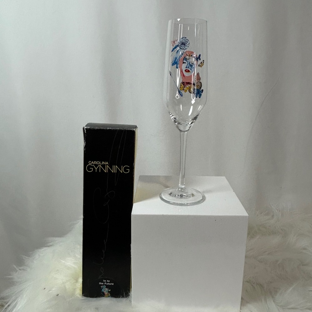 Carolina Gynning In to the Future Champagne Flute Glass Art Face Butterfly